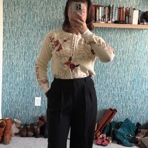 Johnny Was Thermal Waffle knit embroidered Henley shirt